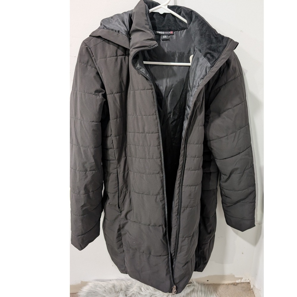 SWISS TECH Black Quilted Mid Length Puffer Hooded Winter Coat Womens Small